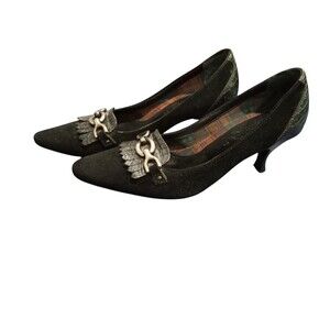 Vtg Aquatalia Marvin K Suede Women's Kitten Heels Reptile Embossed-Black-7